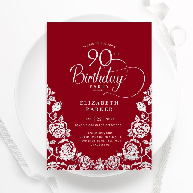 90th Birthday Red Silver Roses Invitation (Creator Uploaded)
