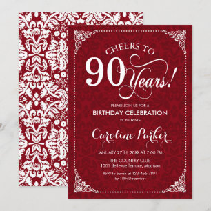 90th Birthday - Red White Damask Invitation