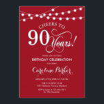 90th Birthday - Red White Invitation<br><div class="desc">90th Birthday Invitation.
Simple red white design with fairy string lights and script font. Cheers to 90 years. Can be personalized into any age! Message me if you need further customization.</div>
