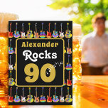 90th birthday Retro Groovy Guitar Personalized Card<br><div class="desc">Create the ultimate throwback celebration with this personalized black and gold rock and roll 90th birthday guitar greetings card, featuring bold modern gold typography customized with the your name “Alexander Rocks 90.” Designed with groovy hippie typography and a vibrant retro 60s–70s vibe, this card brings instant rockstar flair to any...</div>