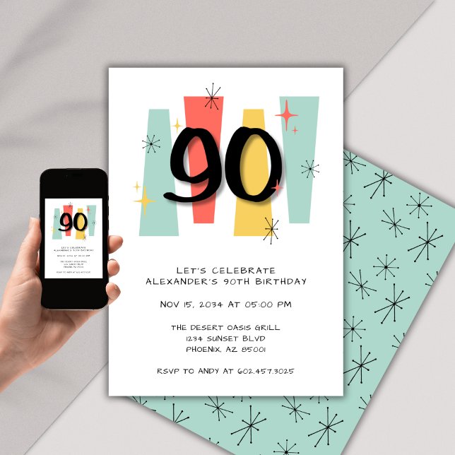90th Birthday Retro Midcentury Modern Colourful Invitation (Creator Uploaded)