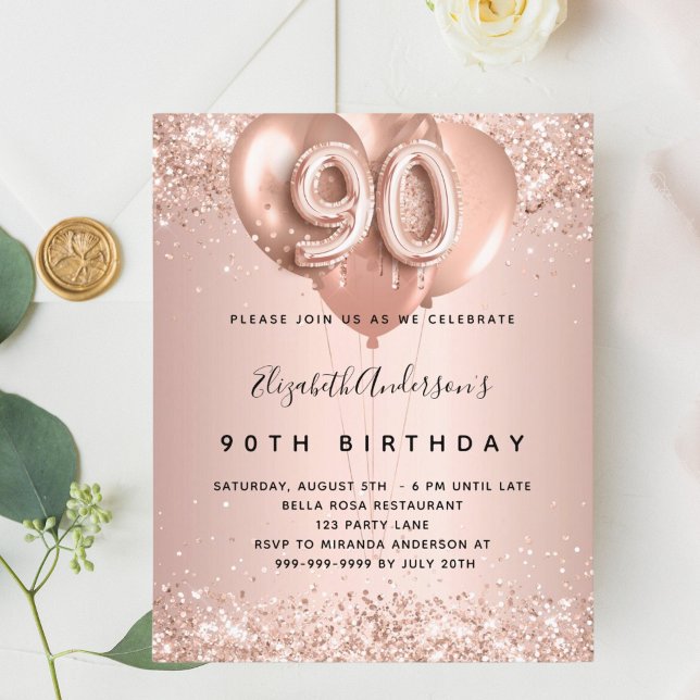 90th birthday rose gold balloons budget invitation flyer (Creator Uploaded)