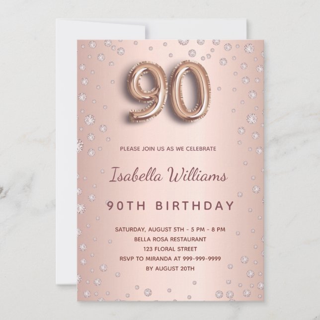 90th birthday rose gold blush diamonds invitation (Front)