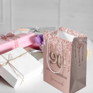 90th birthday rose gold blush glitter drips name medium gift bag