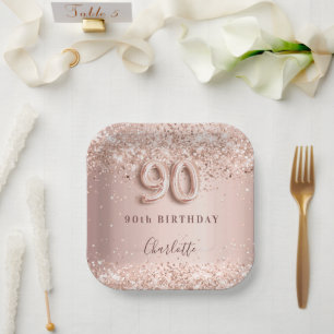 90th birthday rose gold blush glitter name paper plate