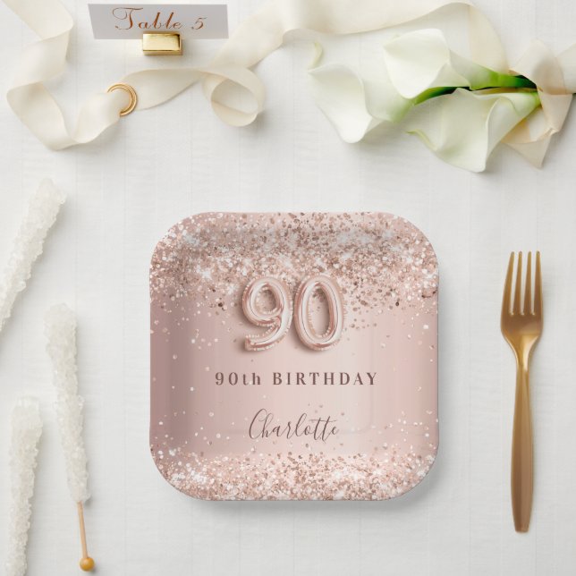 90th birthday rose gold blush glitter name paper plate (Wedding)