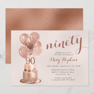 90th Birthday Rose Gold Cake Invitation