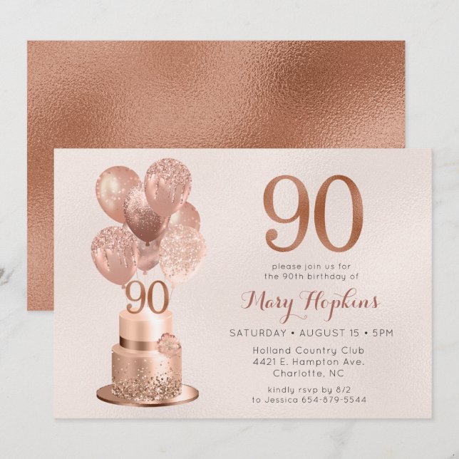 90th Birthday Rose Gold Cake Invitation (Front/Back)