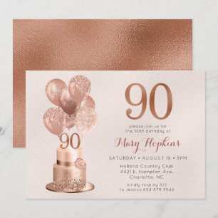 90th Birthday Rose Gold Cake Invitation