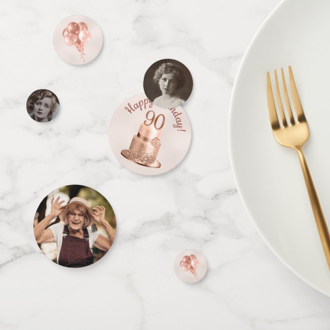 90th Birthday Rose Gold Cake Photo Confetti (Group)