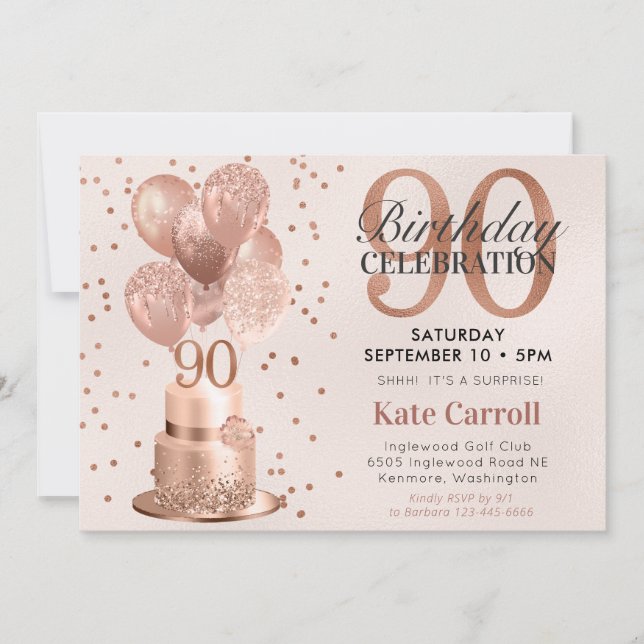 90th Birthday Rose Gold Cake Surprise Party Invitation (Front)
