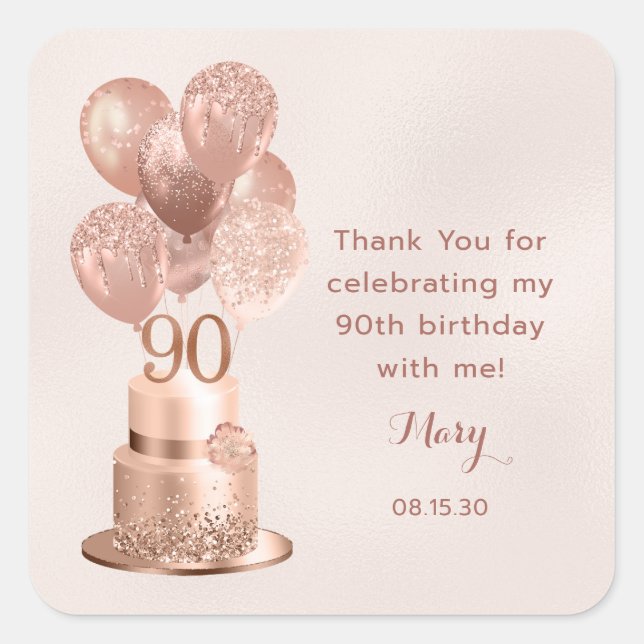 90th Birthday Rose Gold Cake Thank You Square Sticker (Front)