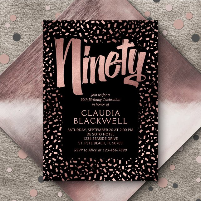 90th Birthday Rose Gold Confetti Invitation (Creator Uploaded)