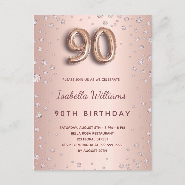 90th birthday rose gold diamons balloon script postcard (Front)