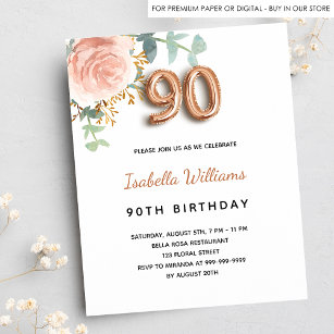 90th birthday rose gold floral budget invitation
