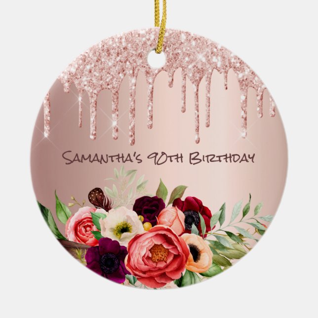 90th birthday rose gold glitter drips pink flowers ceramic tree decoration (Front)