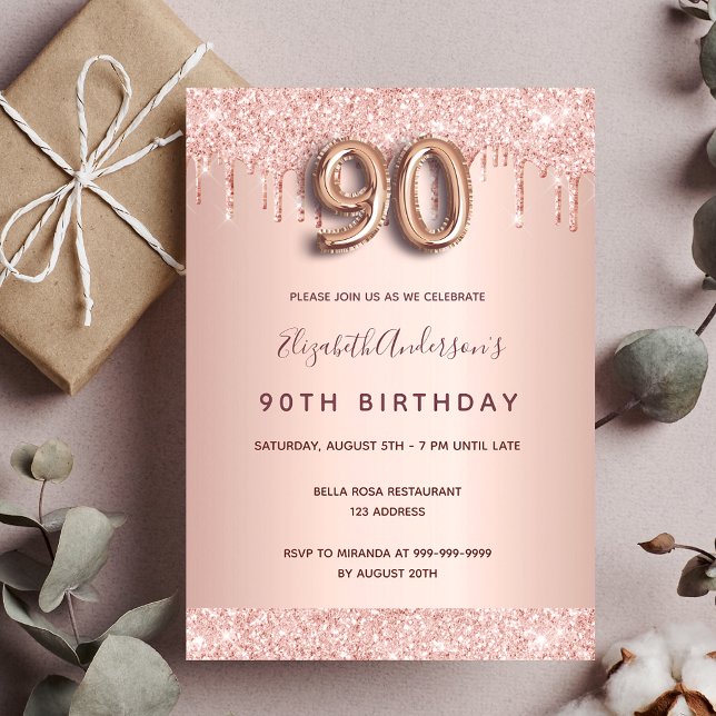 90th birthday rose gold glitter drips pink glam invitation (Creator Uploaded)