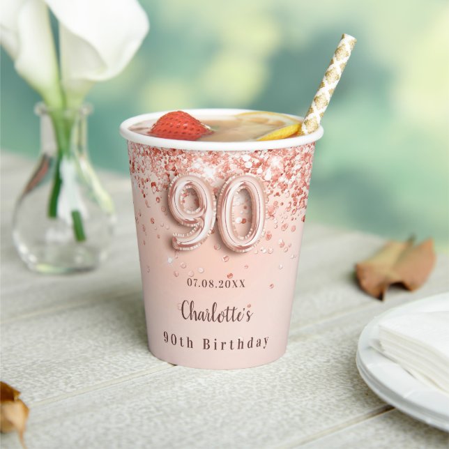 90th birthday rose gold glitter monogram name paper cups (Insitu)