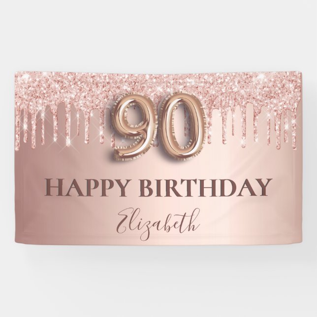 90th birthday rose gold glitter pink balloon style banner (Horizontal)