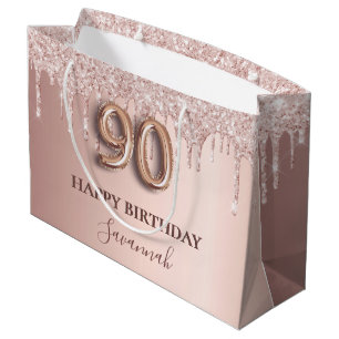 90th birthday rose gold glitter pink balloon style large gift bag
