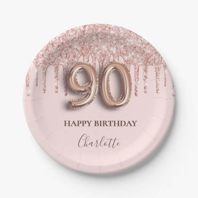 90th birthday rose gold glitter pink balloon style paper plate (Front)