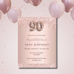 90th birthday rose gold glitter pink invitation postcard<br><div class="desc">A modern, stylish and glamourous invitation for a 90th birthday party. A faux rose gold metallic looking background with an elegant faux rose gold glitter drip, paint drip look. The name is written with a modern dark rose gold coloured hand lettered style script. Personalise and add your party details. Number...</div>