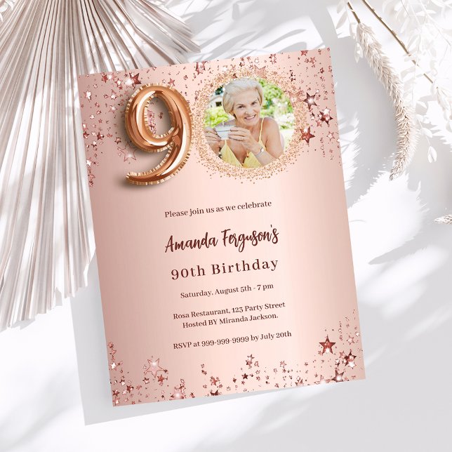 90th Birthday rose gold photo stars invitation (Creator Uploaded)