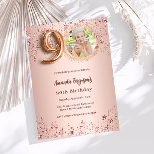 90th Birthday rose gold photo stars Invitation