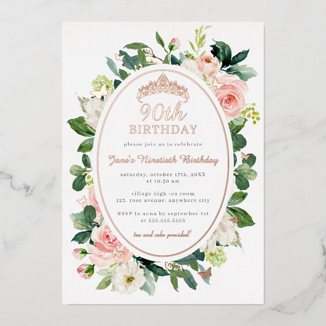 90th Birthday Rose Gold Pink Butterfly Floral  (Front)