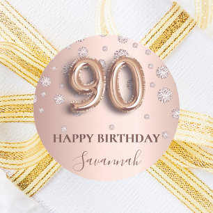 90th birthday rose gold pink diamonds balloon font classic round sticker