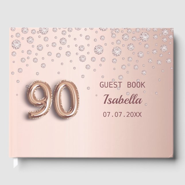 90th birthday rose gold pink diamonds guest book (Front)