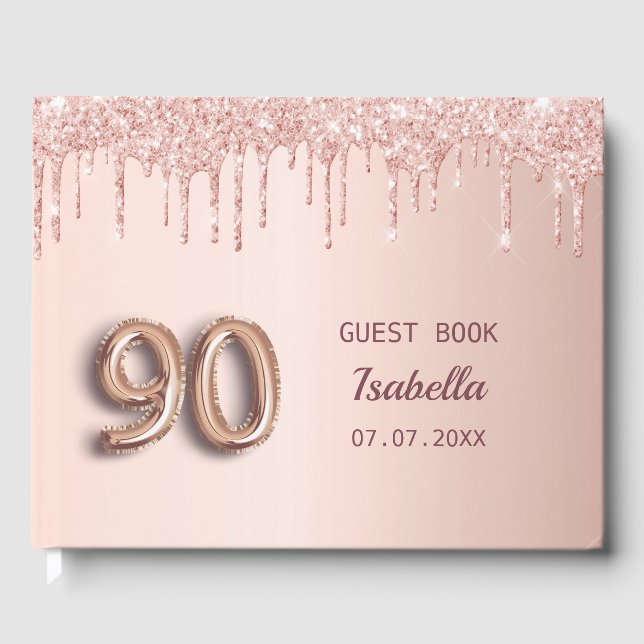90th birthday rose gold pink drips guest book (Front)