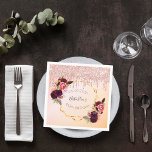 90th birthday rose gold pink geometric glitter napkin<br><div class="desc">A paper napkin for a girly, femenine and glamourous birthday party for a 90 years old. A chic golden and blush pink gradient background with a faux gold geometric frame. Decorated with dark purple and burgundy flowers, roses and boho style feathers. Rose gold faux glitter drips, paint drip look on...</div>