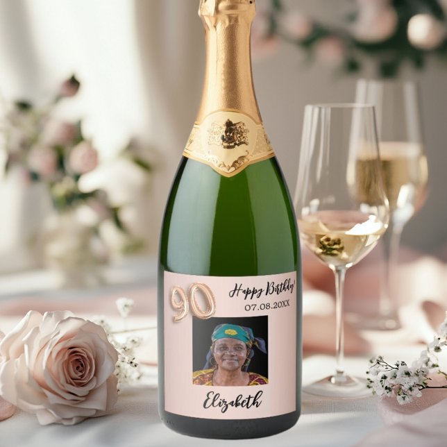90th Birthday rose gold pink photo Sparkling Wine Label (Creator Uploaded)
