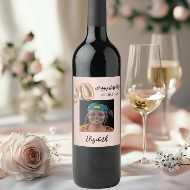 90th Birthday rose gold pink photo Wine Label (Creator Uploaded)