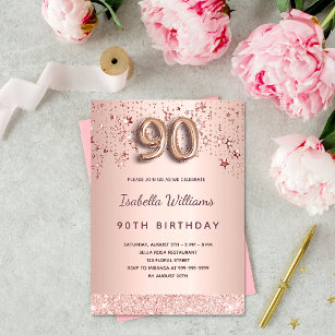 90th birthday rose gold pink stars balloon script postcard