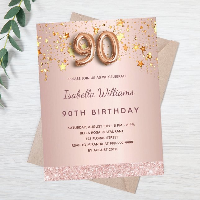 90th birthday rose gold pink stars balloon script postcard (Creator Uploaded)