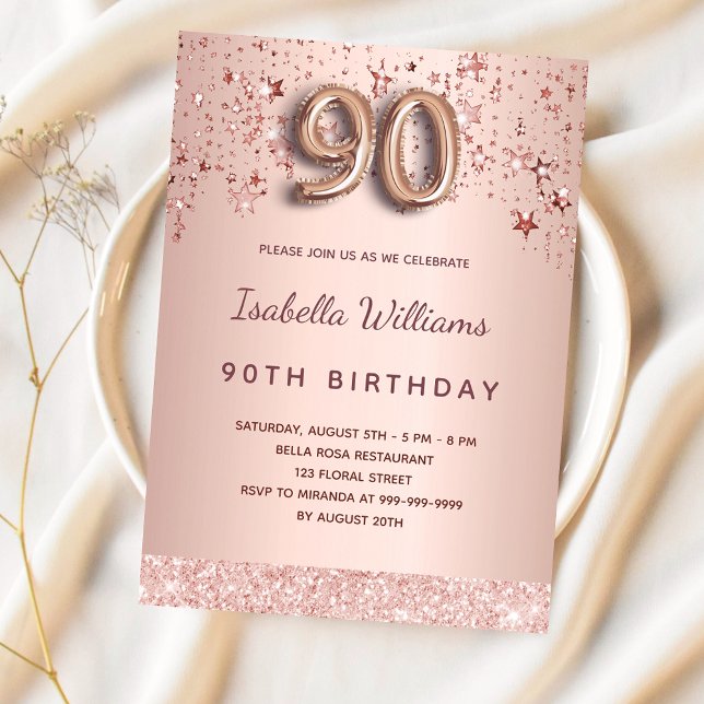 90th birthday rose gold pink stars invitation (Creator Uploaded)