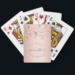 90th birthday rose gold pink stars playing cards<br><div class="desc">Girly and trendy playing cards for a 90th birthday party. A feminine pink, rose gold background decorated with rose gold coloured stars. Personalise and add a date and name/age 90. Curved text and dark rose gold coloured letters. The name is written with a modern hand lettered style script with swashes....</div>