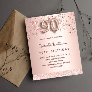 90th birthday rose gold stars budget invitation