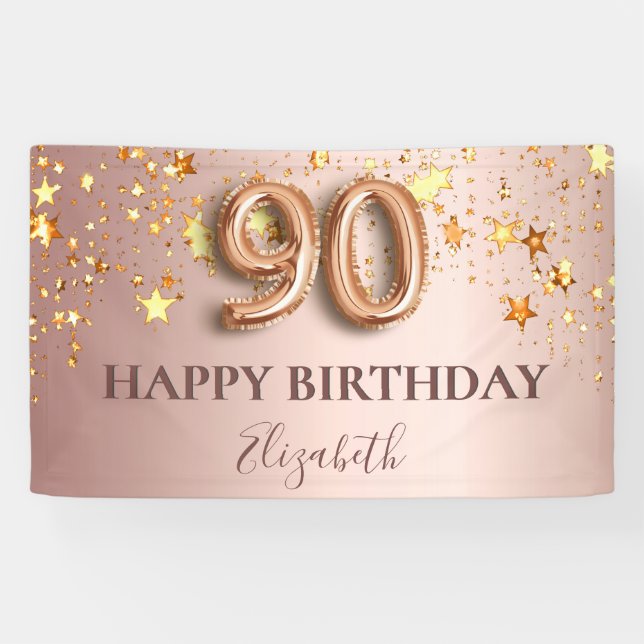 90th birthday rose gold stars pink balloon script banner (Horizontal)