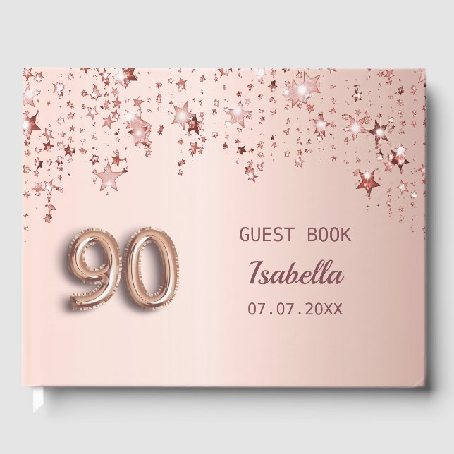 90th birthday rose gold stars pink monogram guest book (Front)