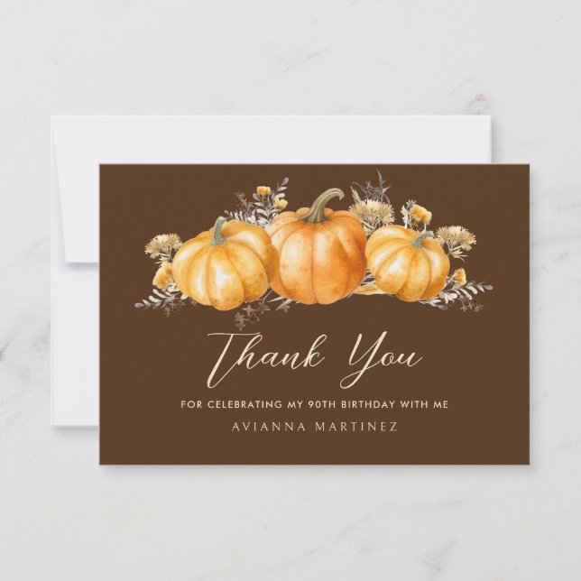 90th Birthday Rustic Boho Pumpkin Flat Thank You Card (Front)