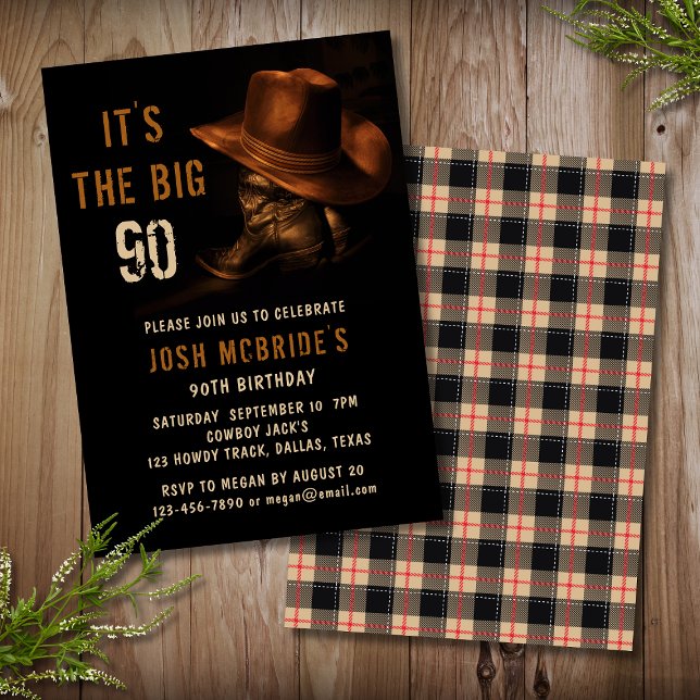 90th Birthday Rustic Cowboy Country Hat Boots Invitation (Creator Uploaded)