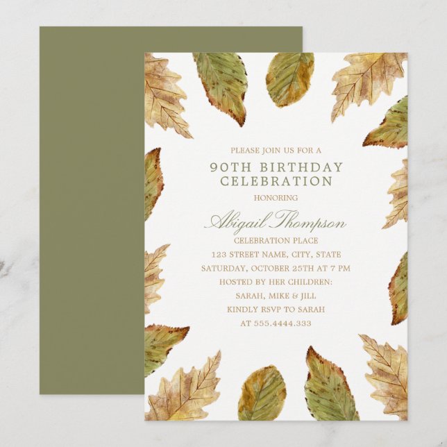 90th Birthday Rustic Fall Leaves Country Party Invitation (Front/Back)