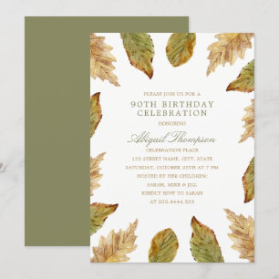 90th Birthday Rustic Fall Leaves Country Party Invitation