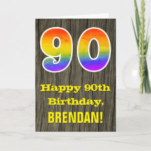 90th Birthday: Rustic Faux Wood Look, Rainbow "90" Card