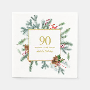 90th Birthday Rustic Winter Greenery Red Bow Napkin