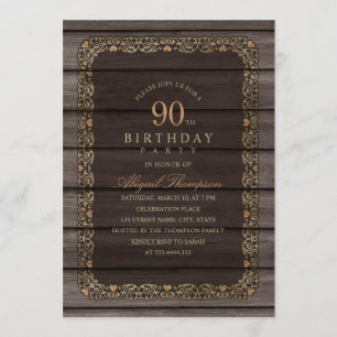90th Birthday Rustic Wood Fancy Country Party Invitation