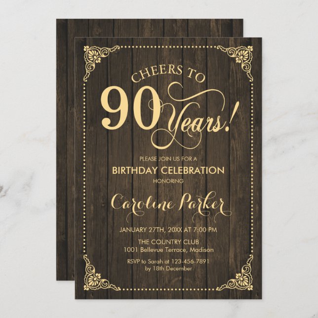 90th Birthday - Rustic Wood Gold Invitation (Front/Back)